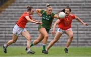 1 August 2021; Vikki Wall of Meath in action against Sarah Marley, left, and Clodagh McCambridge of Armagh during the TG4 Ladies Football All-Ireland Championship Quarter-Final match between Armagh and Meath at St Tiernach's Park in Clones, Monaghan. Photo by Sam Barnes/Sportsfile