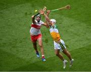 1 August 2021; Oisín Kelly of Offaly in action against Seán Cassidy of Derry during the Christy Ring Cup Final match between Derry and Offaly at Croke Park in Dublin. Photo by Daire Brennan/Sportsfile