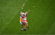 1 August 2021; Odhran McKeever of Derry in action against Paddy Delaney of Offaly during the Christy Ring Cup Final match between Derry and Offaly at Croke Park in Dublin. Photo by Daire Brennan/Sportsfile