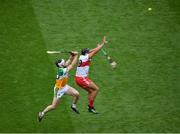 1 August 2021; Deaghlan Foley of Derry in action against Eimhín Kelly of Offaly during the Christy Ring Cup Final match between Derry and Offaly at Croke Park in Dublin. Photo by Daire Brennan/Sportsfile