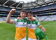 1 August 2021; Offaly players Eoghan Cahill, left, and John Murphy after their side's victory in the Christy Ring Cup Final match between Derry and Offaly at Croke Park in Dublin. Photo by Piaras Ó Mídheach/Sportsfile