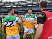 1 August 2021; Offaly players Shane Dooley, 22, and Brian Duignan celebrate after their side's victory in the Christy Ring Cup Final match between Derry and Offaly at Croke Park in Dublin. Photo by Piaras Ó Mídheach/Sportsfile