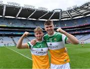 1 August 2021; Offaly players Liam Langton, left, Brian Duignan celebrate after their side's victory in the Christy Ring Cup Final match between Derry and Offaly at Croke Park in Dublin. Photo by Piaras Ó Mídheach/Sportsfile