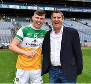 1 August 2021; Brian Duignan of Offaly celebrates with his father and Chairman of the Offaly County Board Michael Duignan after the Christy Ring Cup Final match between Derry and Offaly at Croke Park in Dublin. Photo by Ray McManus/Sportsfile