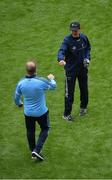 1 August 2021; Dublin manager Dessie Farrell and Kildare manager Jack O'Connor greet each other ahead of the Leinster GAA Football Senior Championship Final match between Dublin and Kildare at Croke Park in Dublin. Photo by Daire Brennan/Sportsfile