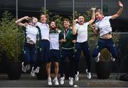 1 August 2021; Gold medallists Paul O'Donovan, left, and Fintan McCarthy alongside bronze medallists, from left, Emily Hegarty, Fiona Murtagh, Aifric Keogh and Eimear Lambe at Dublin Airport as Team Ireland's rowers return from the Tokyo 2020 Olympic Games. Photo by David Fitzgerald/Sportsfile