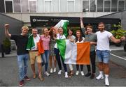 1 August 2021; Bronze medallist Eimear Lambe is greeted by family and friends at Dublin Airport as Team Ireland's rowers return from the Tokyo 2020 Olympic Games. Photo by David Fitzgerald/Sportsfile
