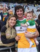 1 August 2021; Offaly captain Ben Conneely with wife Helen Dunne and daughter Liadán, 8 months, after his side's victory in the Christy Ring Cup Final match between Derry and Offaly at Croke Park in Dublin. Photo by Piaras Ó Mídheach/Sportsfile