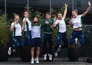 1 August 2021; Gold medallists Paul O'Donovan, left, and Fintan McCarthy alongside bronze medallists, from left, Emily Hegarty, Fiona Murtagh, Aifric Keogh and Eimear Lambe at Dublin Airport as Team Ireland's rowers return from the Tokyo 2020 Olympic Games. Photo by David Fitzgerald/Sportsfile