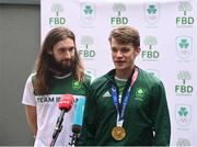 1 August 2021; Gold medallists Paul O'Donovan, left, and Fintan McCarthy are interviewed by RTE and Virgin News at Dublin Airport as Team Ireland's rowers return from the Tokyo 2020 Olympic Games. Photo by David Fitzgerald/Sportsfile