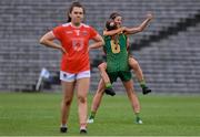 1 August 2021; Niamh O'Sullivan, right, and Aoibhín Cleary, 6, both of Meath celebrate after their side's victory in the TG4 Ladies Football All-Ireland Championship Quarter-Final match between Armagh and Meath at St Tiernach's Park in Clones, Monaghan. Photo by Sam Barnes/Sportsfile