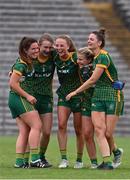 1 August 2021; Meath players, from left, Shauna Ennis, Mary Kate Lynch, Aoibhín Cleary, Katie Newe and Máire O'Shaughnessy, celebrate after their side's victory in the TG4 Ladies Football All-Ireland Championship Quarter-Final match between Armagh and Meath at St Tiernach's Park in Clones, Monaghan. Photo by Sam Barnes/Sportsfile