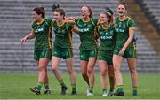 1 August 2021; Meath players, from left, Shauna Ennis, Mary Kate Lynch, Aoibhín Cleary, Katie Newe and Máire O'Shaughnessy, celebrate after their side's victory in the TG4 Ladies Football All-Ireland Championship Quarter-Final match between Armagh and Meath at St Tiernach's Park in Clones, Monaghan. Photo by Sam Barnes/Sportsfile
