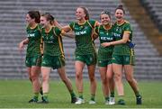 1 August 2021; Meath players, from left, Shauna Ennis, Mary Kate Lynch, Aoibhín Cleary, Katie Newe and Máire O'Shaughnessy, celebrate after their side's victory in the TG4 Ladies Football All-Ireland Championship Quarter-Final match between Armagh and Meath at St Tiernach's Park in Clones, Monaghan. Photo by Sam Barnes/Sportsfile