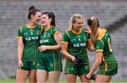1 August 2021; Meath players, from left, Máire O'Shaughnessy, Shelly Melia, Katie Newe and Aoibhín Cleary celebrate after the TG4 Ladies Football All-Ireland Championship Quarter-Final match between Armagh and Meath at St Tiernach's Park in Clones, Monaghan. Photo by Sam Barnes/Sportsfile