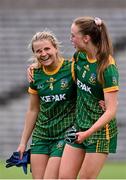 1 August 2021; Katie Newe, left, and Aoibhín Cleary of Meath celebrate after the TG4 Ladies Football All-Ireland Championship Quarter-Final match between Armagh and Meath at St Tiernach's Park in Clones, Monaghan. Photo by Sam Barnes/Sportsfile