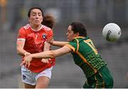 1 August 2021; Tiarna Grimes of Armagh in action against Niamh Gallogly of Meath during the TG4 Ladies Football All-Ireland Championship Quarter-Final match between Armagh and Meath at St Tiernach's Park in Clones, Monaghan. Photo by Sam Barnes/Sportsfile