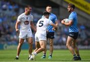 1 August 2021; Ben McCormack of Kildare, left, celebrates a free out conceded by Seán McMahon of Dublin, right, during the Leinster GAA Football Senior Championship Final match between Dublin and Kildare at Croke Park in Dublin. Photo by Harry Murphy/Sportsfile