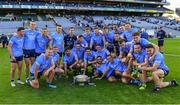 1 August 2021; Dublin players celebrate with the Delaney Cup after the Leinster GAA Football Senior Championship Final match between Dublin and Kildare at Croke Park in Dublin. Photo by Piaras Ó Mídheach/Sportsfile