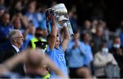1 August 2021; Dublin captain Jonny Cooper lifts the Delaney Cup after the Leinster GAA Football Senior Championship Final match between Dublin and Kildare at Croke Park in Dublin. Photo by Piaras Ó Mídheach/Sportsfile