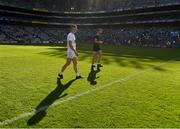 1 August 2021; Alex Beirne, left, and Kildare goalkeeper Mark Donnellan leave the pitch after the Leinster GAA Football Senior Championship Final match between Dublin and Kildare at Croke Park in Dublin. Photo by Harry Murphy/Sportsfile