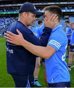 1 August 2021; Dublin manager Dessie Farrell with Eoin Murchan after their side's victory in the Leinster GAA Football Senior Championship Final match between Dublin and Kildare at Croke Park in Dublin. Photo by Piaras Ó Mídheach/Sportsfile