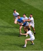 1 August 2021; Seán McMahon of Dublin in action against Kildare players, left to right, Jimmy Hyland, Ryan Houlihan, Ben McCormack, and Mark Dempsey during the Leinster GAA Football Senior Championship Final match between Dublin and Kildare at Croke Park in Dublin. Photo by Daire Brennan/Sportsfile