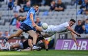 1 August 2021; Colm Basquel of Dublin scores a goal, that was ruled out by referee Martin McNally, as Mick O'Grady of Kildare closes in during the Leinster GAA Football Senior Championship Final match between Dublin and Kildare at Croke Park in Dublin. Photo by Piaras Ó Mídheach/Sportsfile