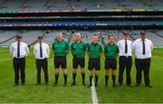 1 August 2021; Referee Thomas Gleeson with his umpires and linesmen before the Christy Ring Cup Final match between Derry and Offaly at Croke Park in Dublin.  Photo by Ray McManus/Sportsfile