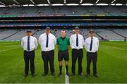 1 August 2021; Referee Thomas Gleeson with his umpires before the Christy Ring Cup Final match between Derry and Offaly at Croke Park in Dublin.  Photo by Ray McManus/Sportsfile