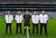 31 July 2021; Referee Michael Kennedy with his umpires before the Lory Meagher Cup Final match between Fermanagh and Cavan at Croke Park in Dublin.  Photo by Ray McManus/Sportsfile