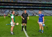 31 July 2021; Referee Michael Kennedy with the two captains, John Duffy of Fermanagh and Matthew Hynes of Cavan, before the Lory Meagher Cup Final match between Fermanagh and Cavan at Croke Park in Dublin.  Photo by Ray McManus/Sportsfile