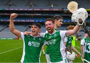 31 July 2021; Luca McCusker, left, and Thomas Cleary of Fermanagh celebrate after the Lory Meagher Cup Final match between Fermanagh and Cavan at Croke Park in Dublin.  Photo by Ray McManus/Sportsfile