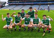 31 July 2021; Fermanagh players, Tom Keenan, 15, Aidan Flanagan, 4, Caolan Duffy, 13, Ronan McGurn, 25, Ciaran Duffy, 20, Dylan Bannon, 21, and Luca McCusker celebrate after the Lory Meagher Cup Final match between Fermanagh and Cavan at Croke Park in Dublin.  Photo by Ray McManus/Sportsfile
