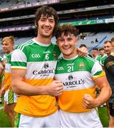 1 August 2021; Ben Conneely, left, and Luke O'Connor of Offaly celebrate victory after the Christy Ring Cup Final match between Derry and Offaly at Croke Park in Dublin.  Photo by Ray McManus/Sportsfile