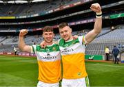 1 August 2021; Eoghan Cahill, left, and Leon Fox of Offaly celebrate after the Christy Ring Cup Final match between Derry and Offaly at Croke Park in Dublin.  Photo by Ray McManus/Sportsfile