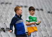 1 August 2021; Offaly supporters Darragh Mannion, aged 8, and Finn Kelly, aged 9, both from Tullamoore, during the Christy Ring Cup Final match between Derry and Offaly at Croke Park in Dublin.  Photo by Ray McManus/Sportsfile