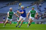 31 July 2021; Caoimhín Carney of Cavan shoots under pressure from Enda Shalvey, left, and Dominic Crudden of Cavan during the Lory Meagher Cup Final match between Fermanagh and Cavan at Croke Park in Dublin.  Photo by Ray McManus/Sportsfile