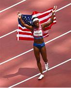 2 August 2021; Kendra Harrison of USA celebrates after finishing in 2nd place in the women's 100 metre hurdles final at the Olympic Stadium on day ten of the 2020 Tokyo Summer Olympic Games in Tokyo, Japan. Photo by Ramsey Cardy/Sportsfile