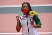 2 August 2021; Patricia Mamona of Portugal celebrates with her silver medal after the women's triple jump final at the Olympic Stadium on day ten of the 2020 Tokyo Summer Olympic Games in Tokyo, Japan. Photo by Ramsey Cardy/Sportsfile