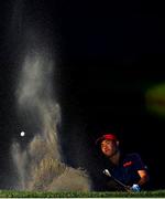 1 August 2021; Collin Morikawa of USA chips out of a bunker on the 18th during the bronze medal play-off in round 4 of the men's individual stroke play at the Kasumigaseki Country Club during the 2020 Tokyo Summer Olympic Games in Kawagoe, Saitama, Japan. Photo by Ramsey Cardy/Sportsfile