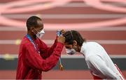 2 August 2021; Joint gold medalists Mutaz Essa Barshim of Qatar, left, and Gianmarco Tamberi of Italy during the Men's High Jump Victory Ceremony at the Olympic Stadium on day ten of the 2020 Tokyo Summer Olympic Games in Tokyo, Japan. Photo by Ramsey Cardy/Sportsfile