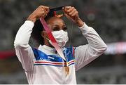 2 August 2021; Gold medalist Jasmine Camacho-Quinn of Puerto Rico during the Women's 100 metre Hurdles Victory Ceremony at the Olympic Stadium on day ten of the 2020 Tokyo Summer Olympic Games in Tokyo, Japan. Photo by Ramsey Cardy/Sportsfile