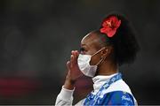 2 August 2021; Gold medalist Jasmine Camacho-Quinn of Puerto Rico reacts to the national anthem during the Women's 100 metre Hurdles Victory Ceremony at the Olympic Stadium on day ten of the 2020 Tokyo Summer Olympic Games in Tokyo, Japan. Photo by Ramsey Cardy/Sportsfile