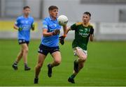 2 August 2021; Greg McEneaney of Dublin in action against Conor Ennis of Meath during the 2021 Electric Ireland Leinster Minor Football Championship Final match between Meath and Dublin at Bord Na Mona O'Connor Park in Tullamore, Offaly. Photo by Ray McManus/Sportsfile