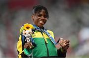 2 August 2021; Bronze medalist Megan Tapper of Jamaica during the Women's 100 metre Hurdles Victory Ceremony at the Olympic Stadium on day ten of the 2020 Tokyo Summer Olympic Games in Tokyo, Japan. Photo by Ramsey Cardy/Sportsfile