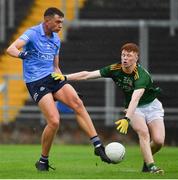 2 August 2021; Ciarán Duggan of Dublin has a shot on goal under pressure from Killian Smyth of Meath during the 2021 Electric Ireland Leinster Minor Football Championship Final match between Meath and Dublin at Bord Na Mona O'Connor Park in Tullamore, Offaly. Photo by Ray McManus/Sportsfile