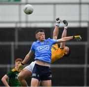 2 August 2021; Meath goalkeeper Oisín McDermott under pressure from Tadhg Gorman of Dublin during the 2021 Electric Ireland Leinster Minor Football Championship Final match between Meath and Dublin at Bord Na Mona O'Connor Park in Tullamore, Offaly. Photo by Ray McManus/Sportsfile