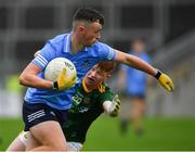 2 August 2021; Tadhg Gorman of Dublin in action against Sean O'Hare of Meath during the 2021 Electric Ireland Leinster Minor Football Championship Final match between Meath and Dublin at Bord Na Mona O'Connor Park in Tullamore, Offaly. Photo by Ray McManus/Sportsfile