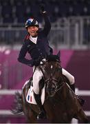 2 August 2021; Nicolas Touzaint of France riding Absolut Gold celebrates after his round in the eventing jumping individual final at the Equestrian Park during the 2020 Tokyo Summer Olympic Games in Tokyo, Japan. Photo by Brendan Moran/Sportsfile